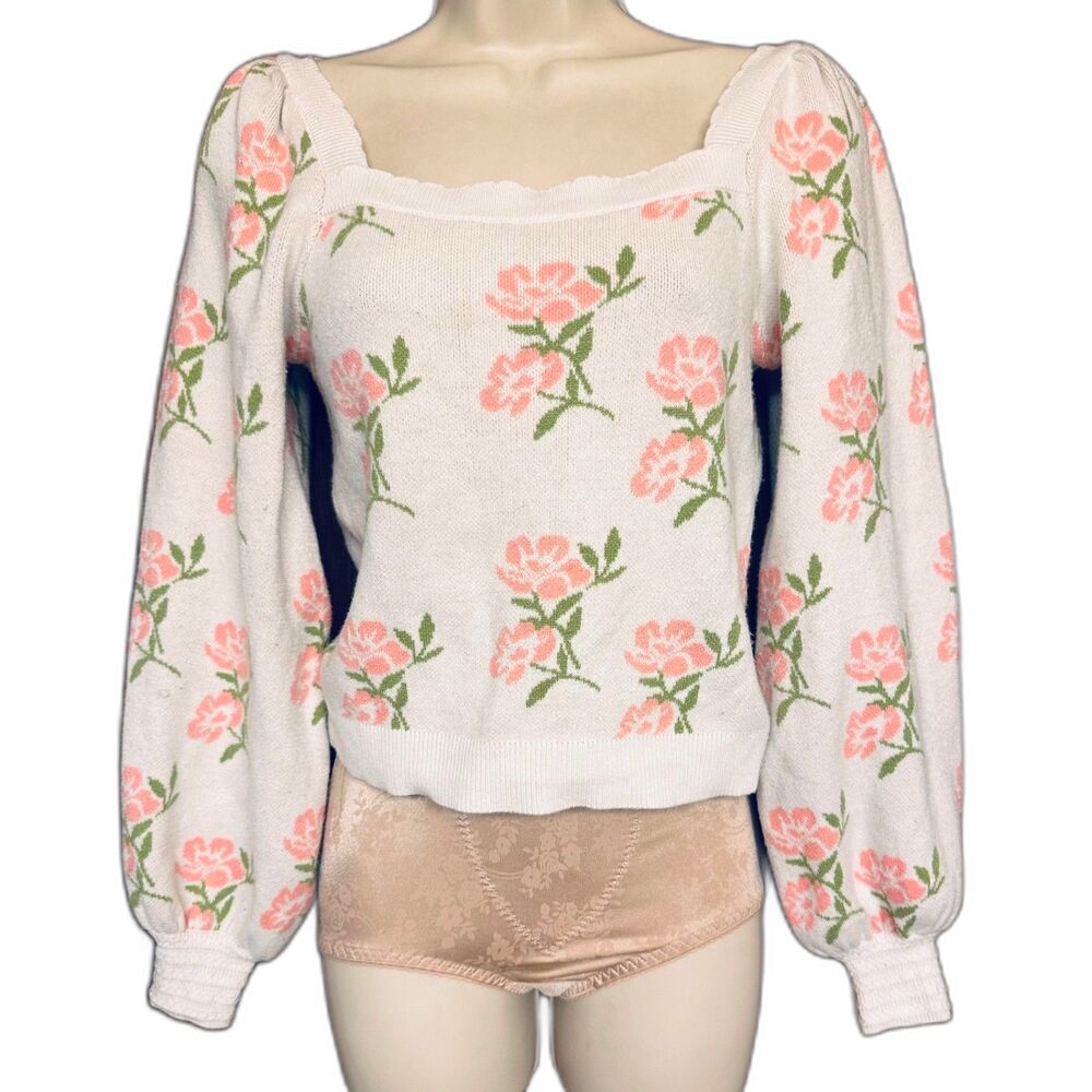 Foral Cottage Core Hopeless Romantic Willow & Wind Squared Neck Knit Sweater S
